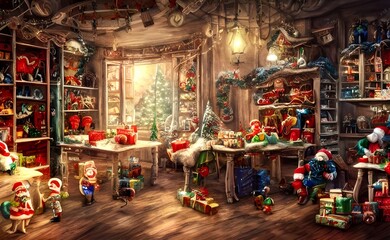 Fototapeta na wymiar It's Christmas time and the toy factory is in full swing. The workers are busy putting the finishing touches on all the toys that will soon be under trees around the world. The conveyor belt moves ste
