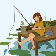 Girl fishing on the lakeside