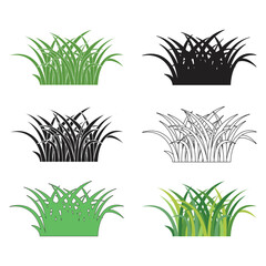 six styles of colorful grass cartoon object on white background, vector illustration