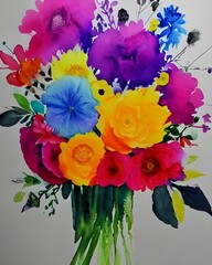 I am looking at a watercolor painting of a flower bouquet. The flowers are all different shades of blue, and they are arranged in a Mason jar. The background is white.