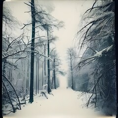 A cold, winter forest is captured in a Polaroid. The trees are dusted with snow and ice, making them look like they're straight out of a storybook.