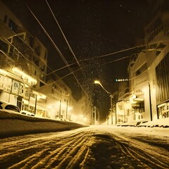 I am standing on a city street in the evening. The sky is dark and the buildings are covered in snow. I can see my breath in the air.
