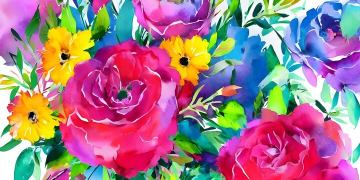 I am looking at a watercolor painting of a bouquet of flowers. The blooms are different shades of pink, purple, and blue. Some of the petals are starting to fade away, giving the painting an ethereal