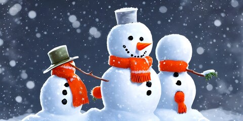 Obraz premium There's a cute snowman in the snow. He has two big eyes made of coal and a carrot nose. His arms are sticks that are crossed in front of him. He's wearing a hat and scarf.