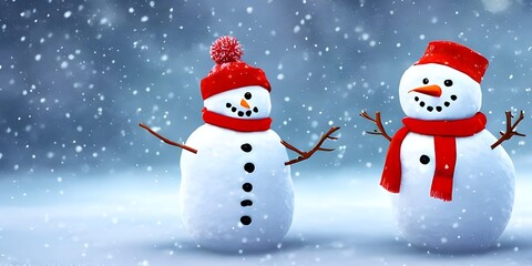 Fototapeta premium A cute snowman made out of snow is standing in a field. The sun is shining and the sky is blue.