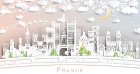 France City Skyline in Paper Cut Style with Snowflakes, Moon and Neon Garland.