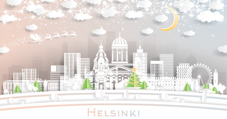 Helsinki Finland City Skyline in Paper Cut Style with Snowflakes, Moon and Neon Garland.