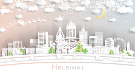 Fototapeta premium Helsinki Finland City Skyline in Paper Cut Style with Snowflakes, Moon and Neon Garland.