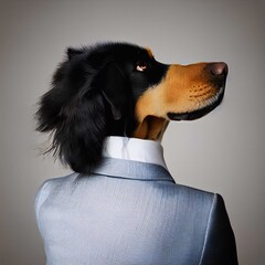 Woman with dog head wearing gray business suit over gray background