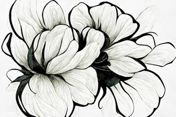flowers drawing with line-art on white backgrounds. Hand drawn nature painting. Freehand sketching illustration. 3d rendering