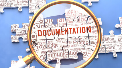 Documentation as a complex and multipart topic under close inspection. Complexity shown as matching puzzle pieces defining dozens of vital ideas and concepts about Documentation,3d illustration - obrazy, fototapety, plakaty