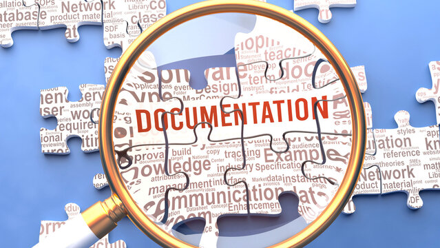 Documentation as a complex and multipart topic under close inspection. Complexity shown as matching puzzle pieces defining dozens of vital ideas and concepts about Documentation,3d illustration