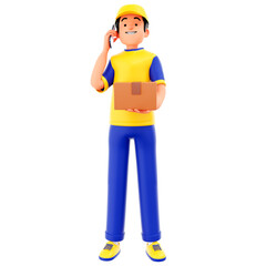 3D Cartoon character courier man hold cardboard box and calls up