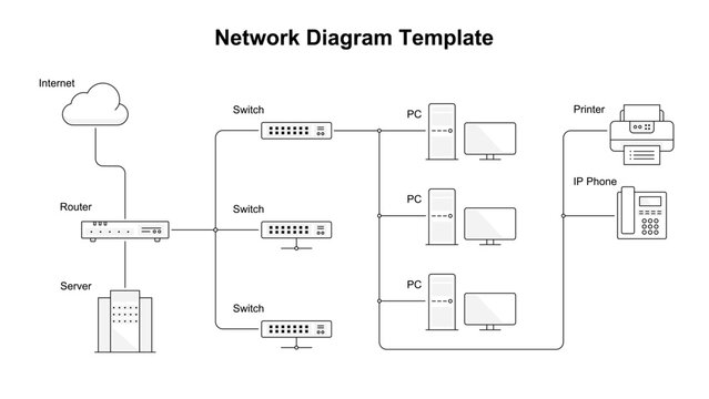 Network device icons and network diagram example illustration.