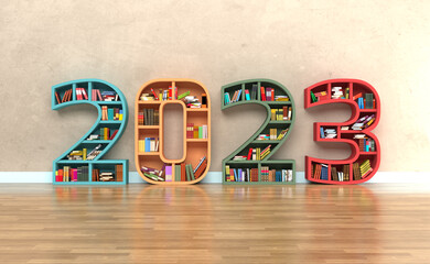 New Year 2023 Creative Design Concept with Books Shelf  - 3D Rendered Image	
