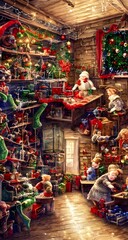 Naklejka premium The Christmas toy factory is a busy place. Toys are being made, wrapped and shipped all around the world. The workers are elves and they work long hours to make sure everyone gets their presents on ti