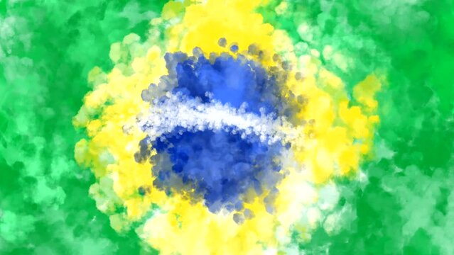 Colorful Brazilian flag theme with colorful green yellow blue watercolor art background. Celebration of world cup soccer competition. Seamless looping video animation background.