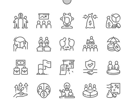 Stakeholders. Team work, career and business process. Investment risk. Company report. Pixel Perfect Vector Thin Line Icons. Simple Minimal Pictogram