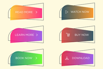 Modern trendy flat button vector set. Different color of main shape and icon with black outline frame