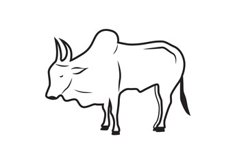 Obraz premium Indian ox with horns silhouette vector isolated. Ongole cattle breed. Bull with large horns.