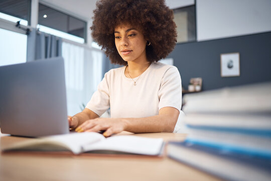 Laptop, Black Woman And Notebook In Office With Business Woman Research Creative Idea At A Desk, Inspired And Motivated. Corporate, Innovation And Girl With A Vision Typing, Planning And Reading