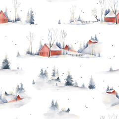Fototapeta na wymiar Watercolor hand drawn Christmas seamless pattern. Winter foggy landscapes, scandinavian village. Snow, red houses, trees, spruce, mountains, birds. New year elements isolated on white background.