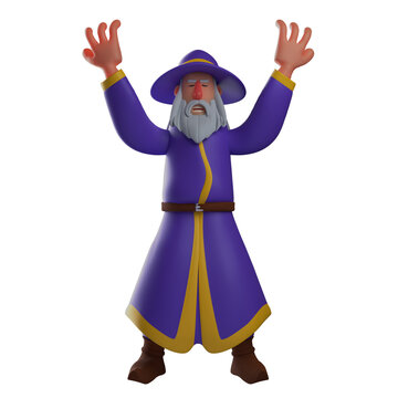 3D illustration. 3D Cartoon Witch casts her spell. with both hands raised. showing an angry expression. 3D Cartoon Character