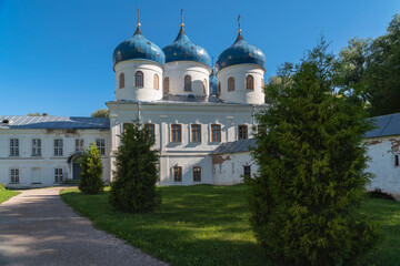 View of the Cross Exaltation Cathedral of St. George (Yuryev) Monastery on a sunny summer day, Veliky Novgorod, Russia