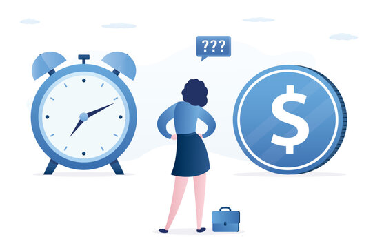 Time value of money, save time, money saving. Time management. Businesswoman middle between clock and dollar coin. Entrepreneur select between life or earnings. Work efficiency.