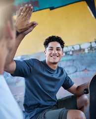 Men, people or friends in high five at skate park for fun, excited or motivation in Brazilian...