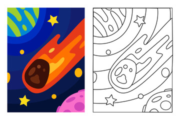 Meteor cross the space coloring page for kids drawing education. Simple cartoon illustration in fantasy theme for coloring book
