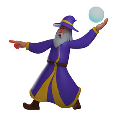   3D illustration. 3D Witch character throwing a glass ball. in a pointing pose. with a serious expression on his face. 3D Cartoon Character 