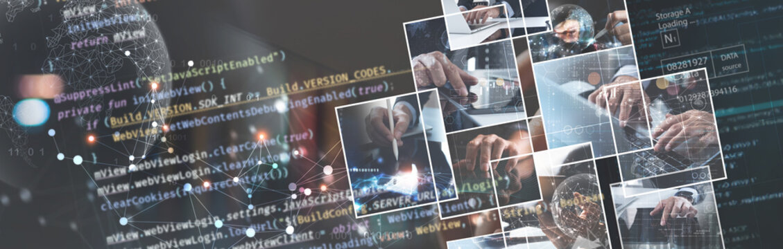 Digital technology, software development concept. Coding programmer, software engineer team coding javascript, agile development on virtual screen and global internet network technology, IT support