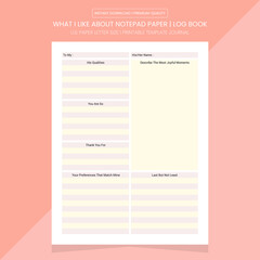 What I Like About You Notebook Printable Template | Unique Interior Instant Download Digital Diary Paper