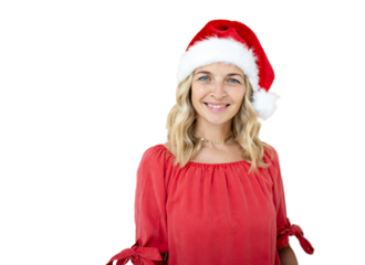 eautiful young woman with blond hair wearing red and white santa hat to celebrate christmas and is standing in front of transparent background. PNG