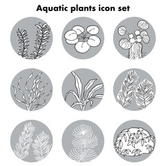 水草のアイコンセット アクアリウム水槽　ビオトープ（白黒）