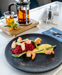 millet with beetroot and shrimps