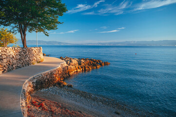 Beautiful beach near Brela town, Dalmatia, Croatia. Makarska riviera, famous landmark and travel touristic destination in Europe - obrazy, fototapety, plakaty