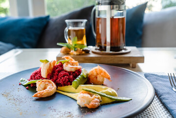 millet with beetroot and shrimps