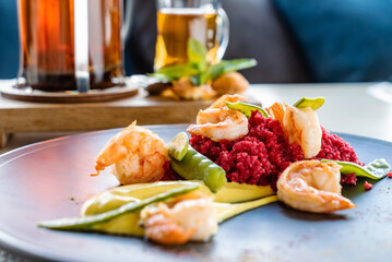 millet with beetroot and shrimps