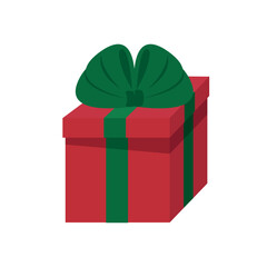 Three dimensional gift box with bow. Red Christmas Present on Clear White Background. Gift Box with Ribbon. Holiday decoration. Vector illustration in cartoon style