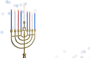 3d rendering Image of Jewish holiday Hanukkah with  menorah or traditional Candelabra on a  bokeh background.