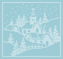 Winter landcape embroidery cross stitch design, snowy church xmas illustration