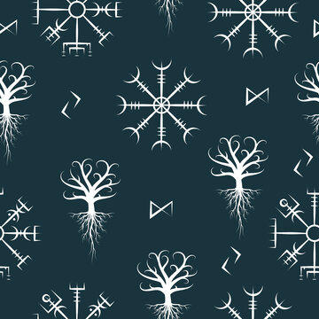  Scandinavian  signs vegvisir, yggdrasil and aegishjalmur seamless pattern.  Hand drawn Viking symbols.Vector illustration for backgrounds, textile and wrapping.