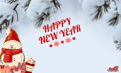 Fototapeta na wymiar Happy new year message, snowman, santa claus and red sled on snowy pine trees in background