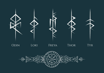 Viking runes and symbols collection. Isolated set of five pagan norse sign Odin, Loki, Freya, Thor and Tyr. Scandinavian vector illustration. - obrazy, fototapety, plakaty