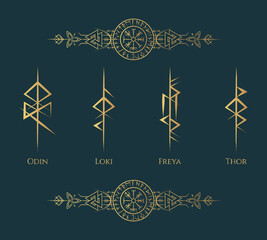 Golden viking runes and symbols collection. Isolated set of five pagan norse sign Odin, Loki, Freya, Thor and Tyr. Scandinavian vector illustration. - obrazy, fototapety, plakaty