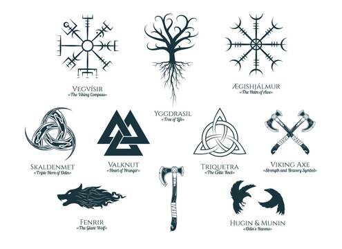 Viking symbols isolated set. Magic collection of scandinavian  signs vegvisir, wolf, celtic tree of life, viking weapons. Vector illustration for  tattoo, print and t-shirt design.