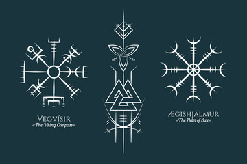 Viking symbols set. Isolated  icons of pagan norse sign vegvisir, valknut, triquetra and aegishjalmur. Scandinavian vector illustration.