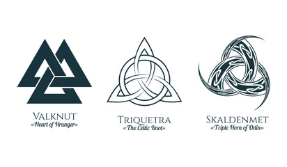 Viking symbols set. Three isolated  icons of pagan norse sign valknut, triquetra and skaldenment. Scandinavian vector illustration for tattoo, print and t-shirt design. - obrazy, fototapety, plakaty